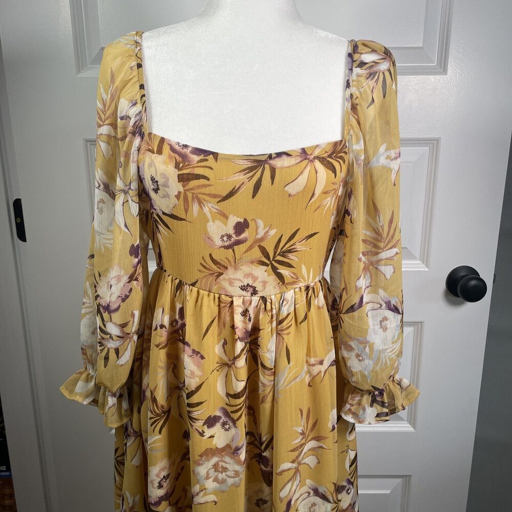 By Together Mustard Floral Open Back Dress Sheer Sleeve Size Medium Shoe Fly - Picture 6 of 11